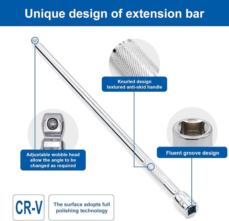 DAZCOS 3 Pieces 1/4 Inch Drive Wobble Extension Set Includes 2 4 9 Inch Extensions Premium Chrome Vanadium Steel with Mirror Finish - Image 3
